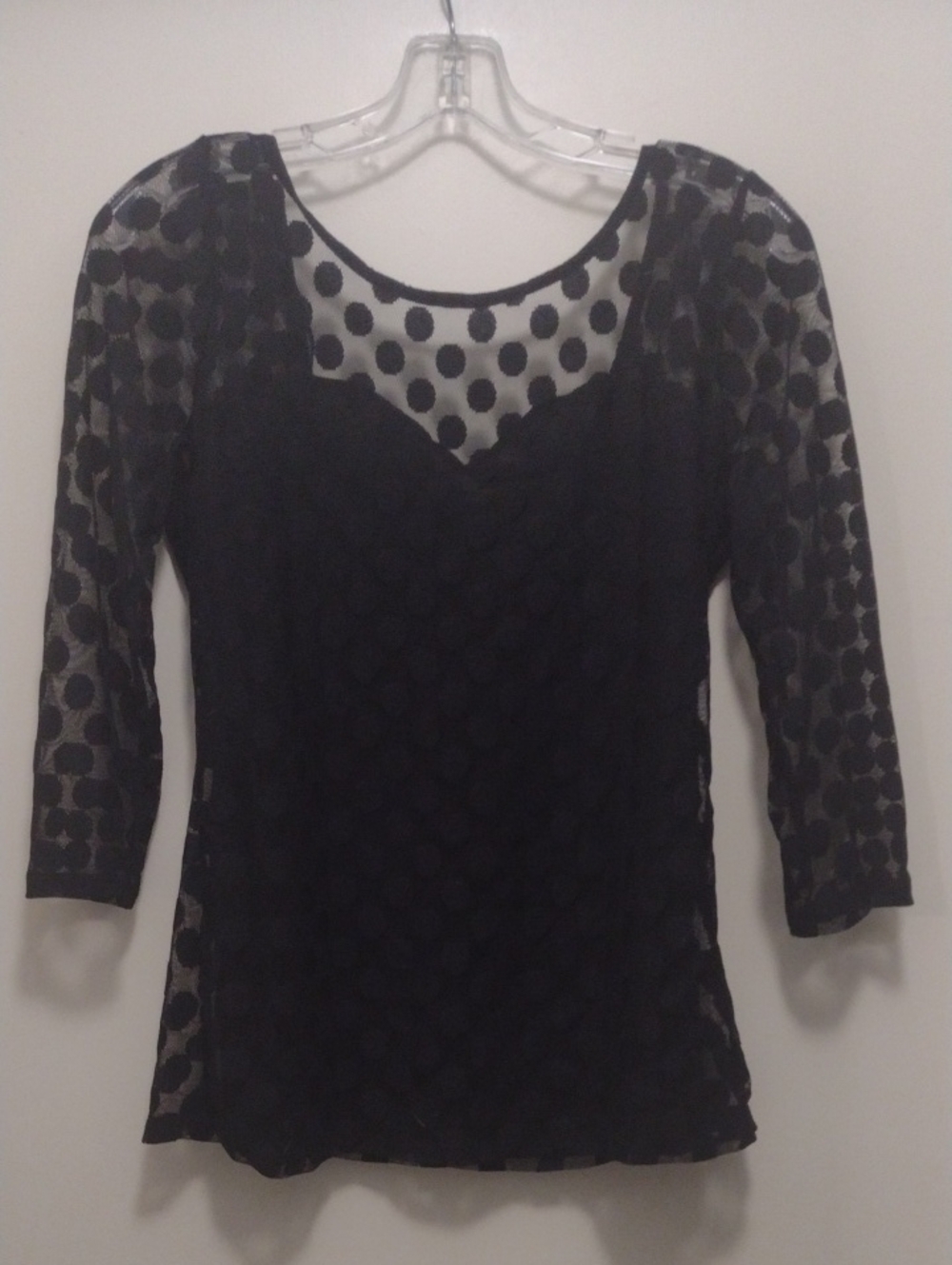 Guess Women's Black Polka Dot Mesh Sleeve Top (J1360)